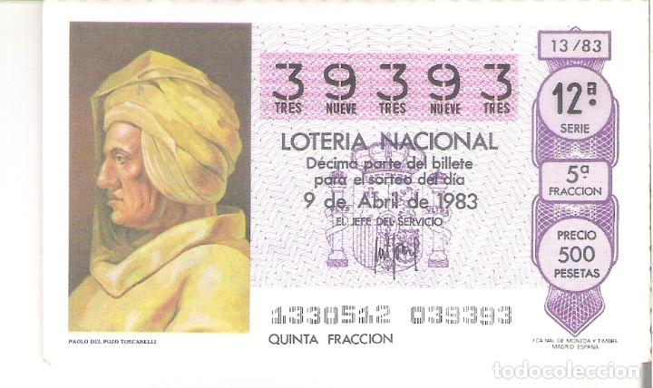 Nationale spanische Lotterie: 1 DECIMO LOTERIA DEL SABADO - 9 ABRIL 1983 - 13/83 - CAPICUA - PAOLO DEL POZO TOSCANELLI