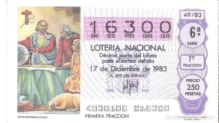 Nationale spanische Lotterie: 1 DECIMO LOTERIA SABADO 17 DICIEMBRE 1983 - 49/83 - DESCUBRIMIENTO AMERICA COLON EXPONIENDO SU PLAN