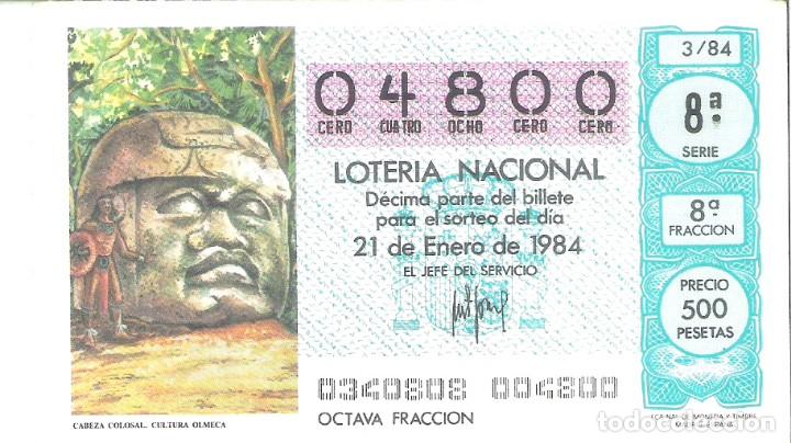 Nationale spanische Lotterie: 1 DECIMO LOTERIA DEL SABADO - 21 ENERO 1984 - 3/84 - CABEZA COLOSAL ( CULTURA OLMECA )