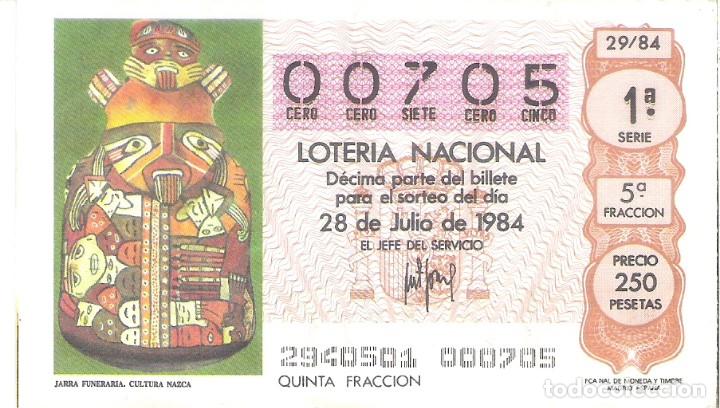 Nationale spanische Lotterie: 1 DECIMO LOTERIA DEL SABADO - 28 JULIO 1984 - 29/84 - JARRA FUNERARIA ( CULTURA NAZCA )
