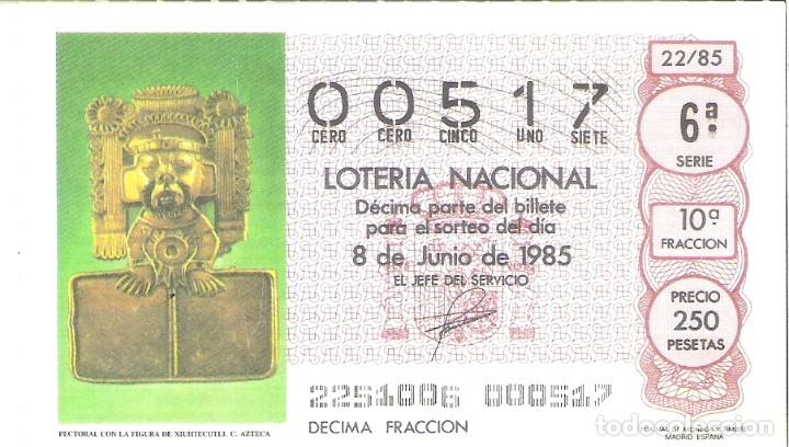 Nationale spanische Lotterie: 1 DECIMO LOTERIA DEL SABADO - 8 JUNIO 1985 - 22/85 - PECTORAL CON FIGURA DE XIUHTECUTLL ( AZTECA )