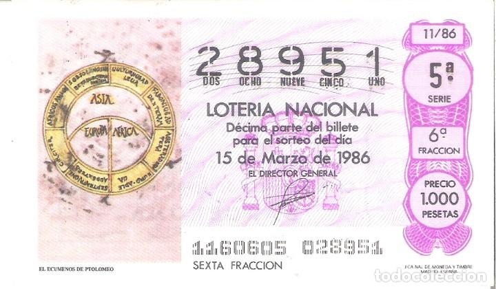 Nationale spanische Lotterie: 1 DECIMO LOTERIA DEL SABADO - 15 MARZO 1986 - 11/86 - EL ECUMENOS DE PTOLOMEO