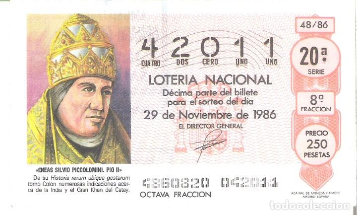 Nationale spanische Lotterie: 1 DECIMO LOTERIA SABADO - 29 NOVIEMBRE 1986 - 48/86 ENEAS SILVIO PICCOLOMINI - PIO II GUIA DE COLON