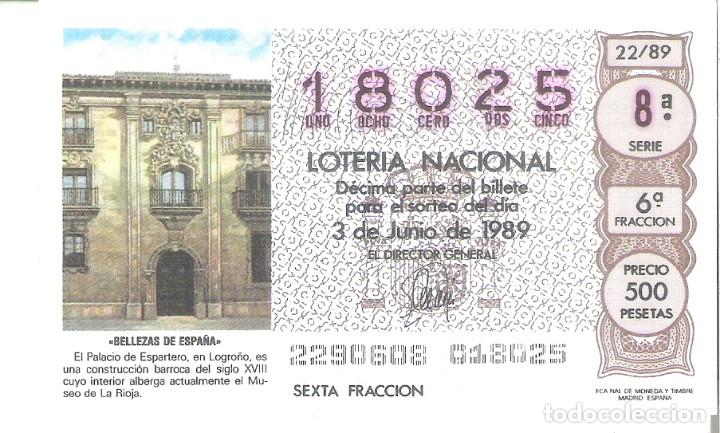 Nationale spanische Lotterie: 1 DECIMO LOTERIA DEL SABADO - 3 JUNIO 1989 - 22/89 - EL PALACIO DE ESPARTERO EN LOGRO&Ntilde;O