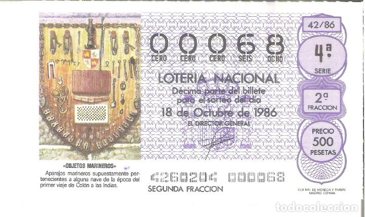 Nationale spanische Lotterie: 1 DECIMO LOTERIA DEL SABADO - 18 OCTUBRE 1986 - 42/86 - OBJETOS MARINEROS
