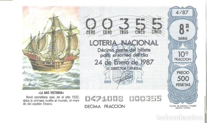 National Spanish Lottery: 1 DECIMO LOTERIA DEL SABADO - 24 ENERO 1987 - 4/87 - LA NAO VICTORIA