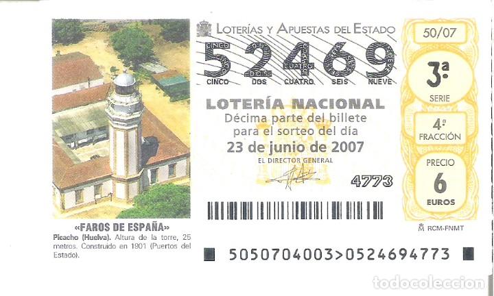 Nationale spanische Lotterie: 1 DECIMO LOTERIA SABADO - 23 JUNIO 2007 - 50/07 - FAROS DE ESPA&Ntilde;A - PICACHO ( HUELVA )