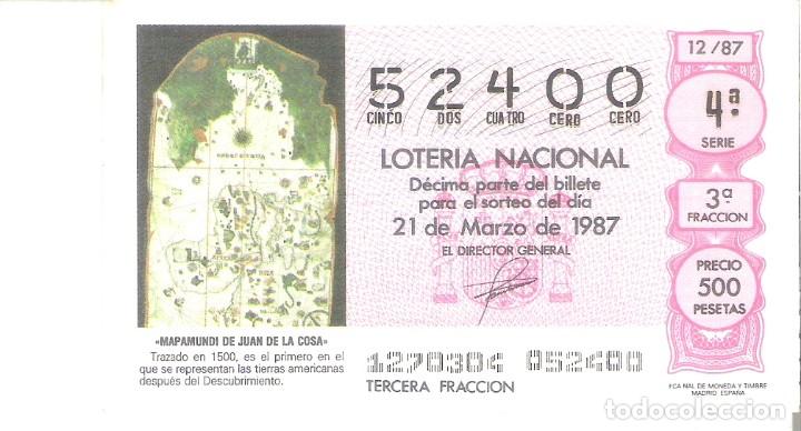 Loterie Nationale: 1 DECIMO LOTERIA DEL SABADO - 21 MARZO 1987 - 12/87 - MAPAMUNDI DE JUAN DE LA COSA