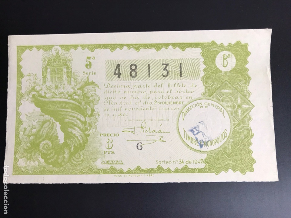 National Spanish Lottery: Loteria A&ntilde;o 1942 sorteo 34