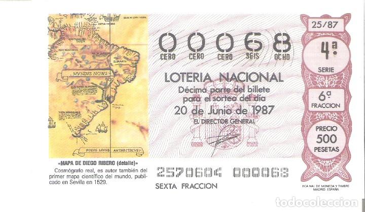 Loterie Nationale: 1 DECIMO LOTERIA DEL SABADO - 20 JUNIO 1987 - 25/87 - MAPA DE DIEGO RIBERO ( SEVILLA )