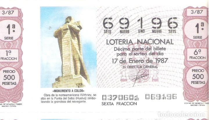 Nationale spanische Lotterie: 1 DECIMO LOTERIA SABADO 17 ENERO 1987 - 3/87 - CAPICUA MONUMENTO A COLON - PUNTA DEL SEBO ( HUELVA )