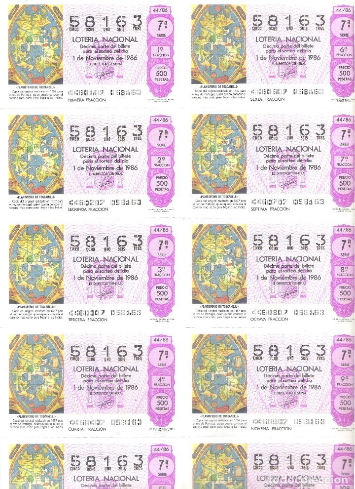 Lotaria Nacional: 1 BILLETE LOTERIA SABADO - 1 NOVIEMBRE 1986 - 44/86 - MAPA PLANISFERIO DE TOSCANELLI