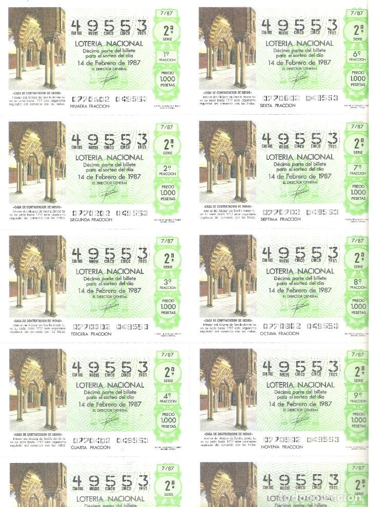 Nationale spanische Lotterie: 1 BILLETE LOTERIA SABADO - 14 FEBRERO 1987 - 7/87 - CASA CONTRATACION DE INDIAS ( ALCAZAR SEVILLA
