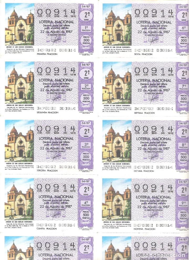 Nationale spanische Lotterie: 1 BILLETE LOTERIA SABADO - 22 AGOSTO 1987 - 34/87 - MISION DE SAN CARLOS BORROMEO