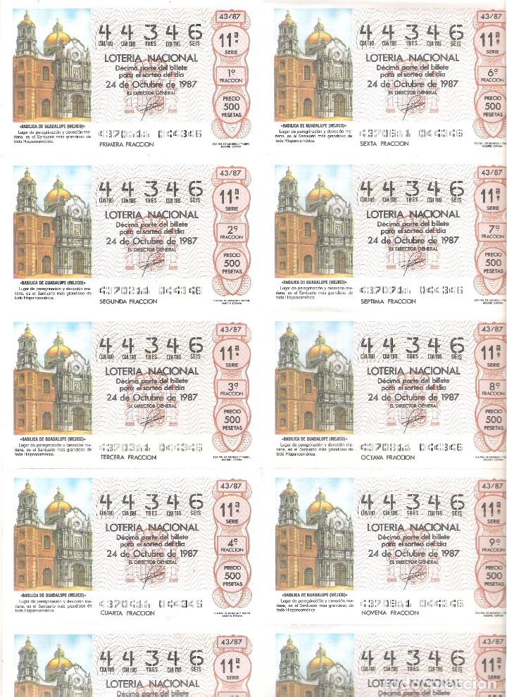 Nationale spanische Lotterie: 1 BILLETE LOTERIA SABADO - 24 OCTUBRE 1987 - 43/87 - BASILICA DE GUADALUPE ( MEJICO )