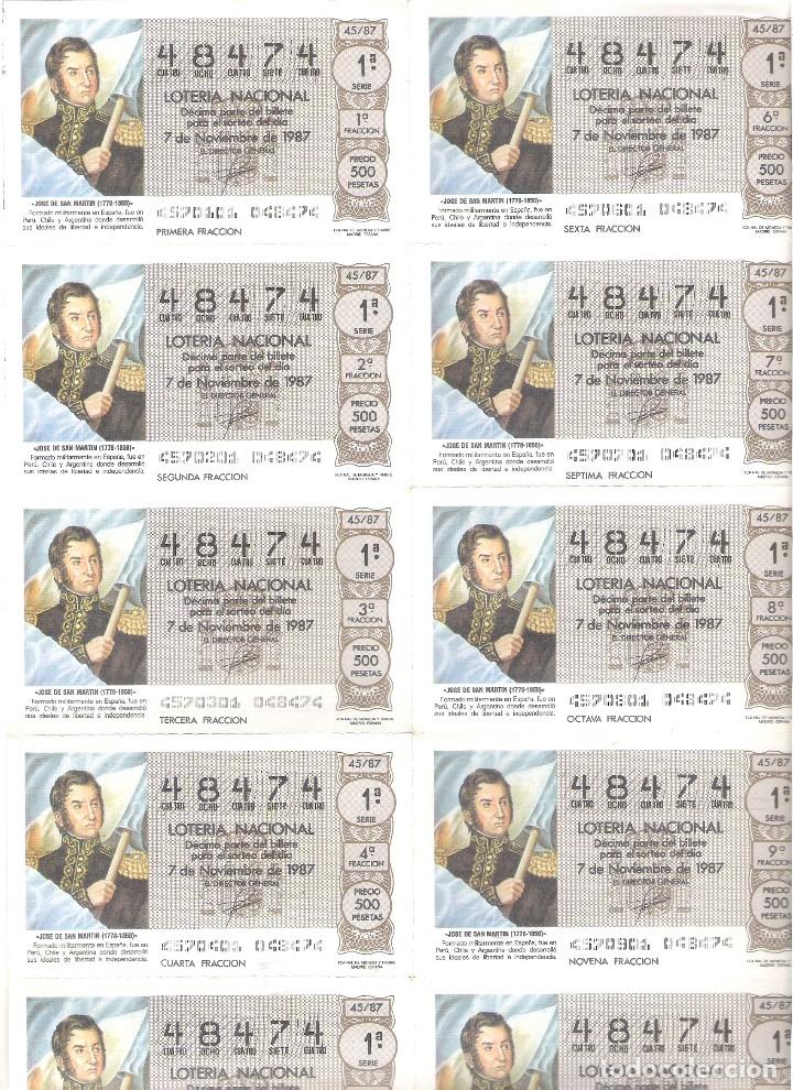 Nationale spanische Lotterie: 1 BILLETE LOTERIA SABADO - 7 NOVIEMBRE 1987 - 45/87 - JOSE DE SAN MARTIN