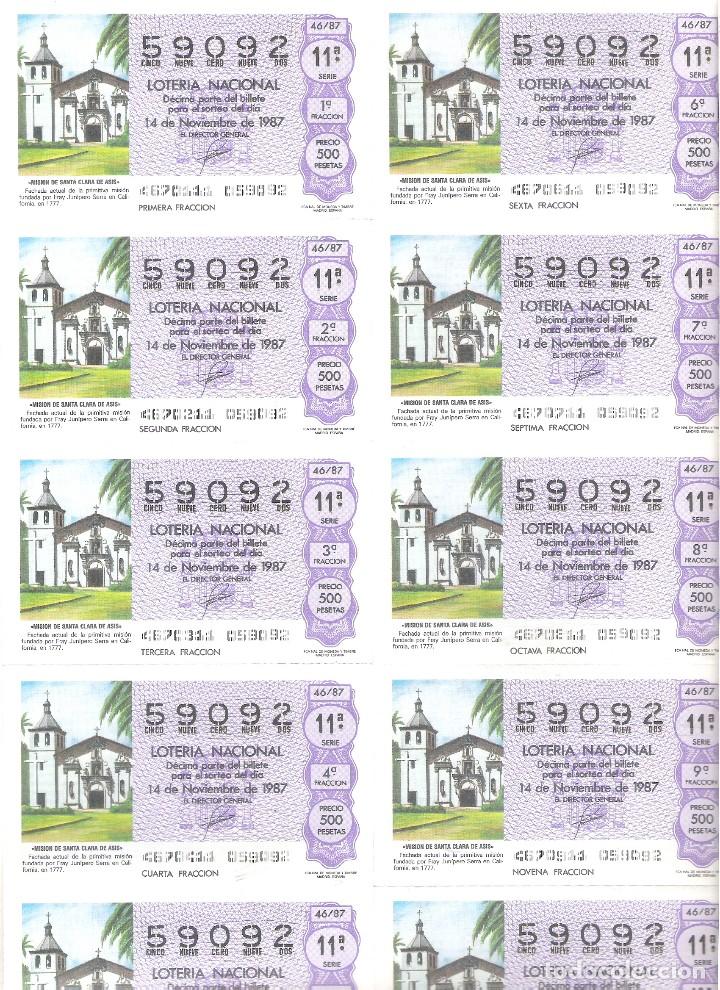 Nationale spanische Lotterie: 1 BILLETE LOTERIA SABADO - 14 NOVIEMBRE 1987 - 46/87 - MISION DE SANTA CLARA DE ASIS