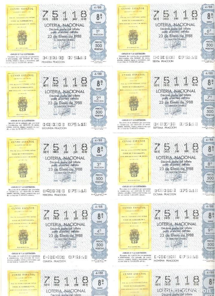 Nationale spanische Lotterie: 1 BILLETE LOTERIA SABADO - 23 ENERO 1988 - 4/88 - CARLOS III Y LA ILUSTRACION - EL CENSO ESPA&Ntilde;OL