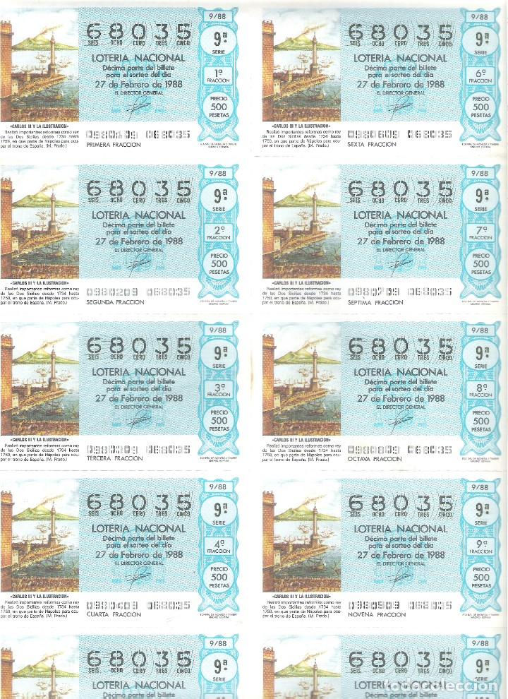Nationale spanische Lotterie: 1 BILLETE LOTERIA SABADO 27 FEBRERO 1988 9/88 - CARLOS III Y LA ILUSTRACION NAPOLES LAS DOS SICILIAS