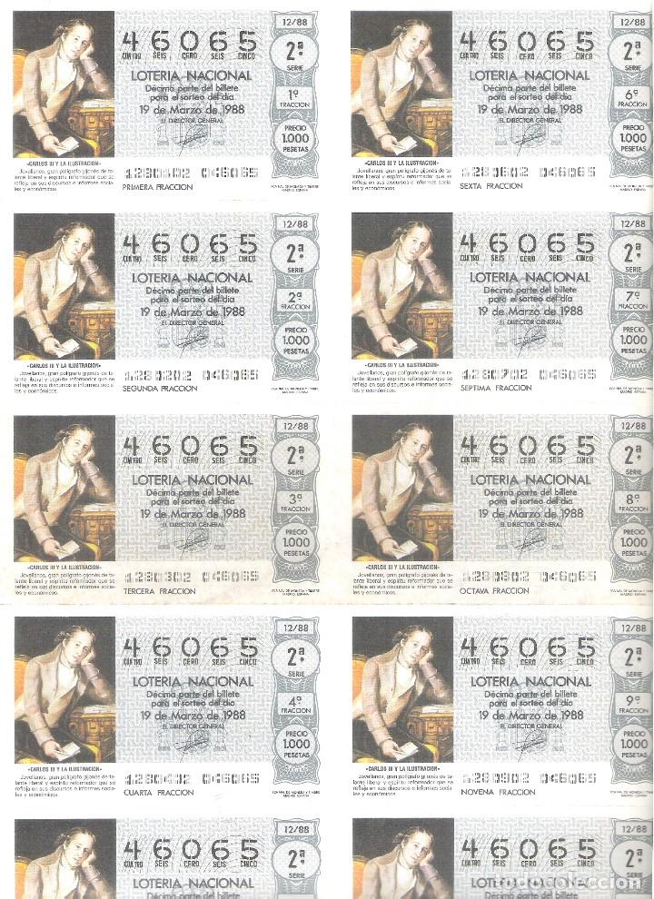 Nationale spanische Lotterie: 1 BILLETE LOTERIA SABADO - 19 MARZO 1988 - 12/88 - CARLOS III Y LA ILUSTRACION - JOVELLANOS ( GIJON