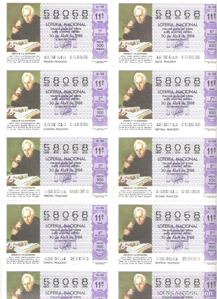 Nationale spanische Lotterie: 1 BILLETE LOTERIA SABADO - 30 ABRIL 1988 - 18/88 - JOSE C. MUTIS ( CIENT&Iacute;FICO DE CADIZ