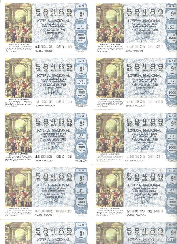 Nationale spanische Lotterie: 1 BILLETE LOTERIA SABADO - 7 MAYO 1988 - 19/88 - CARLOS III Y LA ILUSTRACION - JARDIN BOTANICO