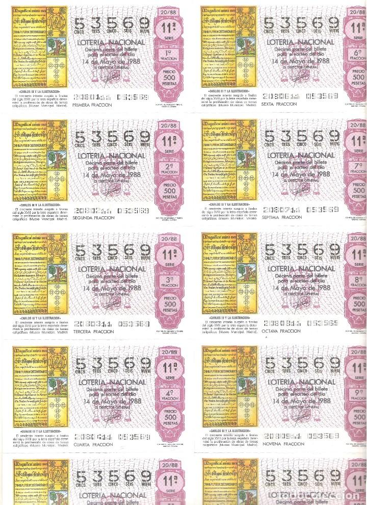 Nationale spanische Lotterie: 1 BILLETE LOTERIA SABADO - 14 MAYO 1988 - 20/88 - CARLOS III Y LA ILUSTRACION -INTERES CALIGRAFIA