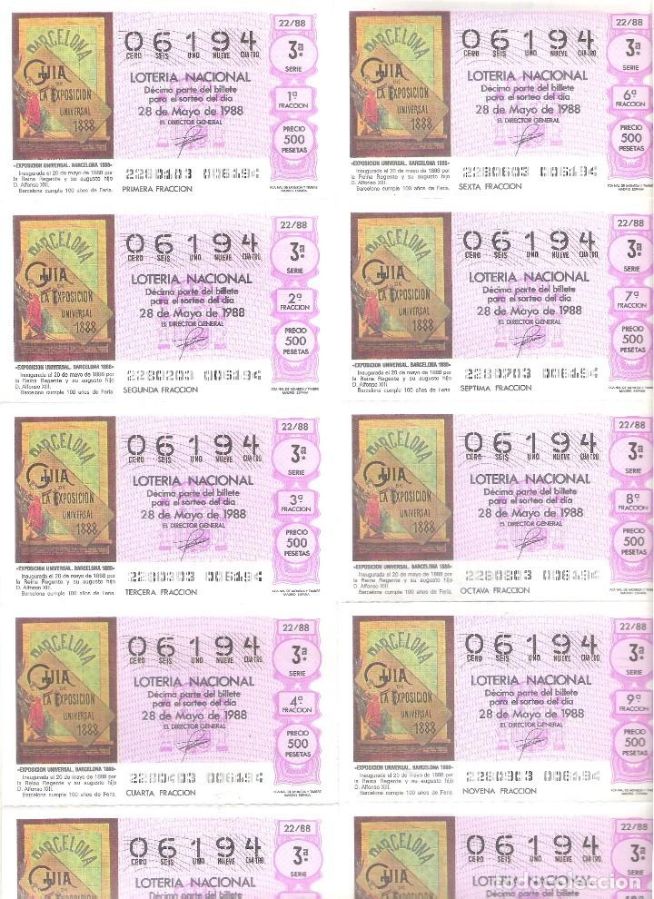 Nationale spanische Lotterie: 1 BILLETE LOTERIA SABADO - 28 MAYO 1988 22/88 CARTEL ANUNC. EXPOSICION UNIVERSAL EXPO BARCELONA 1888
