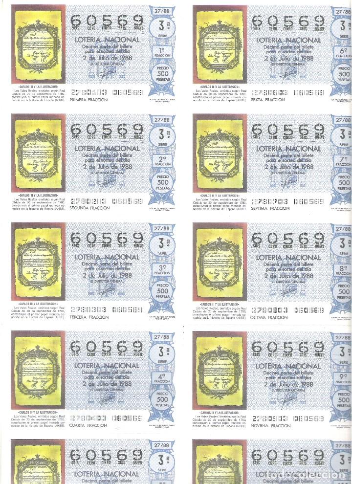 Nationale spanische Lotterie: 1 BILLETE LOTERIA SABADO - 2 JULIO 1988 - 27/88 - CARLOS III Y LA ILUSTRACION - LOS VALES REALES