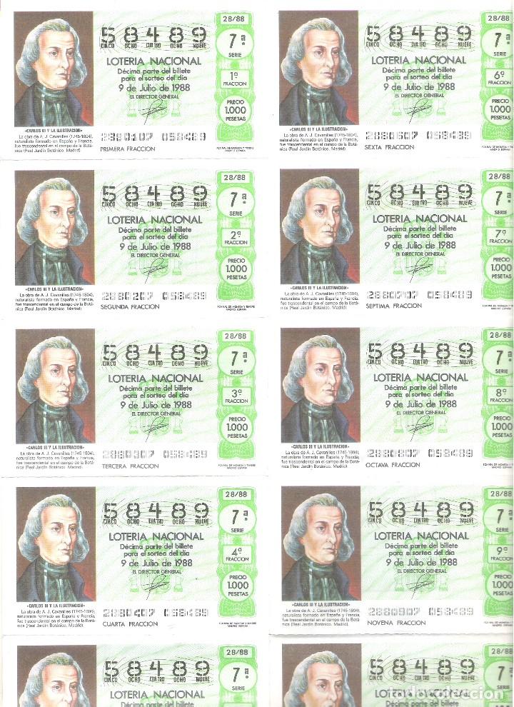 Nationale spanische Lotterie: 1 BILLETE LOTERIA SABADO 9 JULIO 1988 28/88 CARLOS III Y LA ILUSTRACION - A.J. CAVANILLES ( VALENCIA