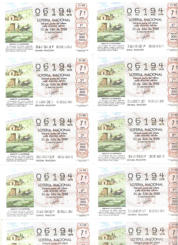Nationale spanische Lotterie: 1 BILLETE LOTERIA SABADO - 30 JULIO 1988 - 31/88 - TRANSPORTE DEL CORREO EN CABALLO ( CARLOS III
