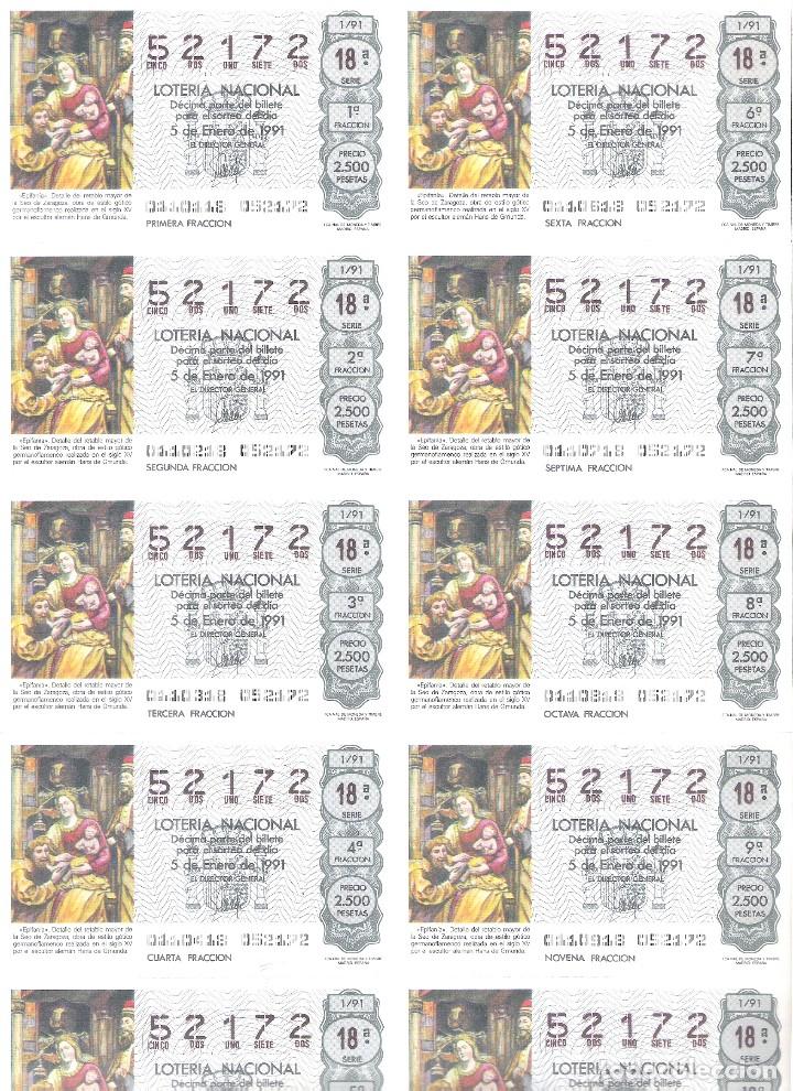 Nationale spanische Lotterie: 1 BILLETE LOTERIA SABADO - 5 ENERO 1991 - 1/91 - NI&Ntilde;O EPIFANIA - RETABLO DE LA CATEDRAL ZARAGOZA