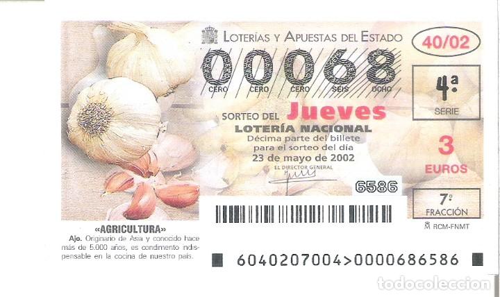 Loterie Nationale: 1 DECIMO LOTERIA JUEVES - 23 MAYO 2002 - 40/02 - AGRICULTURA - AJO