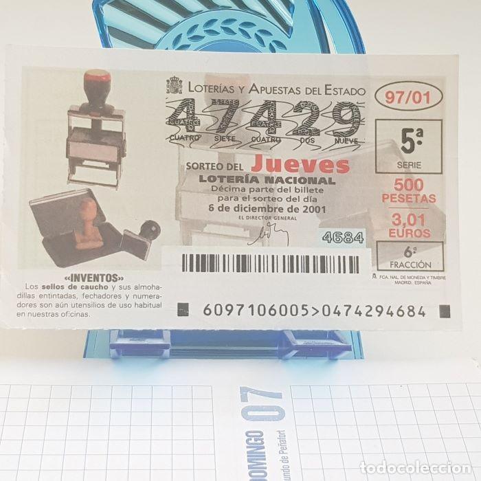 Lotteria Nationale Spagnola: LOTER&Iacute;A NACIONAL, JUEVES, SORTEO 97/01, 6 DICIEMBRE 2001, INVENTOS, SELLOS DE CAUCHO, N&ordm; 47429