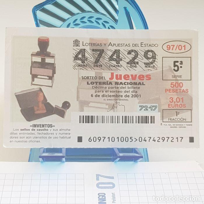Lotteria Nationale Spagnola: LOTER&Iacute;A NACIONAL, JUEVES, SORTEO 97/01, 6 DICIEMBRE 2001, INVENTOS, SELLOS DE CAUCHO, N&ordm; 47429