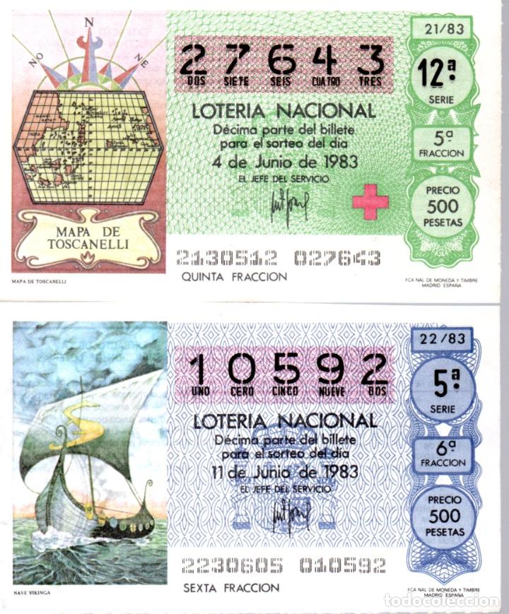 Loter&iacute;a nacional: LOTERIA NACIONAL - A&Ntilde;O 1983 - SORTEOS 21 Y 22 - MAPA DE TOSCANELLY Y NAVE VIKINGA.