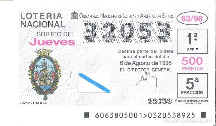 Nationale spanische Lotterie: 1 DECIMO LOTERIA DEL JUEVES - 6 AGOSTO 1998 - 63/98 - ESCUDOS - FERROL ( LA CORU&Ntilde;A )