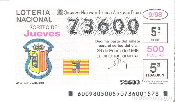 Nationale spanische Lotterie: 1 DECIMO LOTERIA DEL JUEVES - 29 ENERO 1998 - 9/98 - ESCUDOS - ALBARRACIN - ARAGON