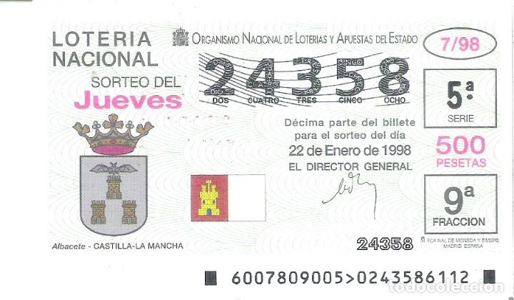Loterie Nationale: 1 DECIMO LOTERIA DEL JUEVES - 22 ENERO 1998 - 7/98 - ESCUDOS CIUDADES - ALBACETE (CASTILLA LA MANCHA