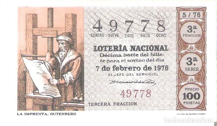 Nationale spanische Lotterie: 1 DECIMO LOTERIA DEL SABADO - 7 FEBRERO 1976 - 5/76 - LA IMPRENTA - GUTENBERG