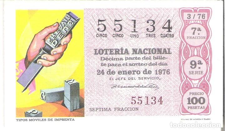 Nationale spanische Lotterie: 1 DECIMO LOTERIA DEL SABADO - 24 ENERO 1976 - 3/76 - TIPOS MOVILES DE IMPRENTA ( COLOR MARRON
