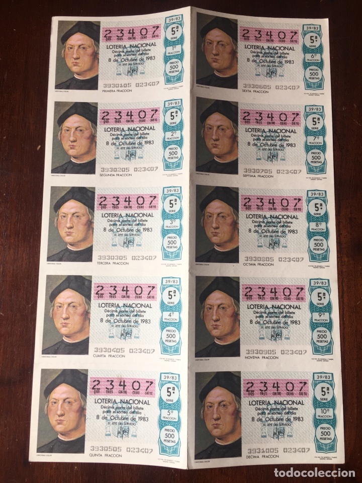 Loter&iacute;a Nacional: Loter&iacute;a nacional 23407 8 de octubre 1983 sorteo 39/83 Cristobal colon