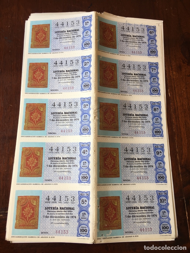 Loter&iacute;a Nacional: Loter&iacute;a nacional 44153 7 de diciembre 1974 100 pesetas sorteo 43/74 Encuadernaci&oacute;n barroca abanico