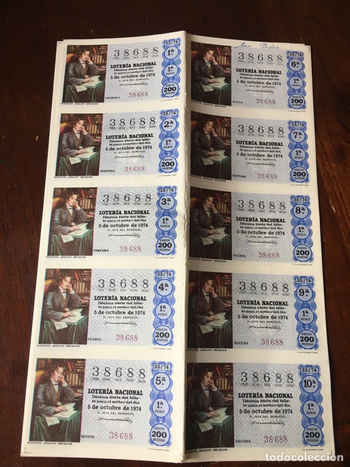 Loter&iacute;a Nacional: Loter&iacute;a nacional 38688 5 de octubre 1974 200 pesetas sorteo 35/74 Gustavo Adolfo B&eacute;cquer