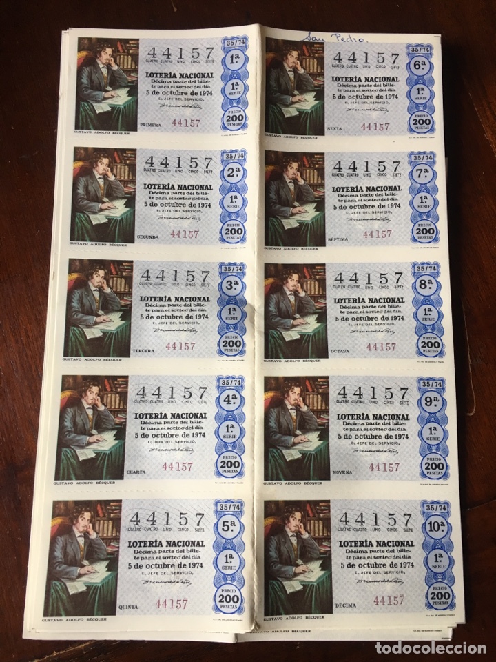 Loter&iacute;a Nacional: Loter&iacute;a nacional 44157 5 de octubre 1974 200 pesetas sorteo 35/74 Gustavo Adolfo B&eacute;cquer