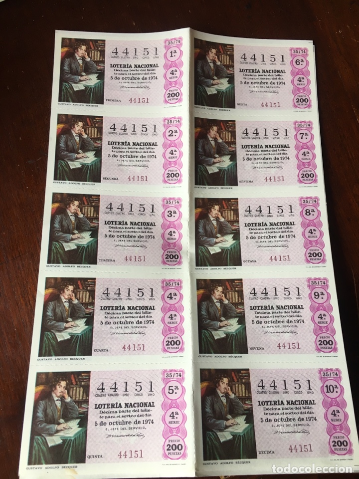 Loter&iacute;a Nacional: Loter&iacute;a nacional 44151 5 de octubre 1974 200 pesetas sorteo 35/74 Gustavo Adolfo B&eacute;cquer