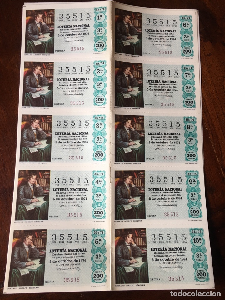 Loter&iacute;a Nacional: Loter&iacute;a nacional 35515 5 de octubre 1974 200 pesetas sorteo 35/74 Gustavo Adolfo B&eacute;cquer