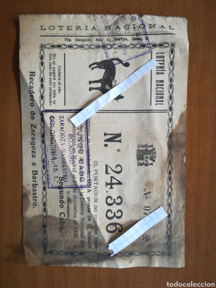 Loter&iacute;a Nacional: Raro.. D&eacute;cimo loter&iacute;a nacional 1935 segundo cabo recadero de Zaragoza a barbastro pre guerra civil
