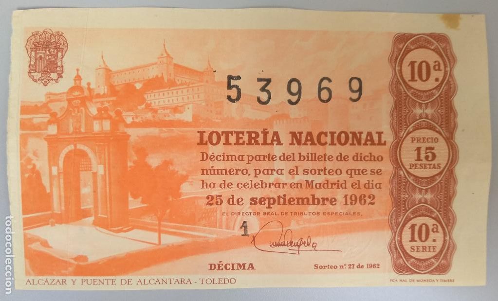 National Spanish Lottery: Loteria Nacional. D&eacute;cimo a&ntilde;o 1962, sorteo n&ordm; 27