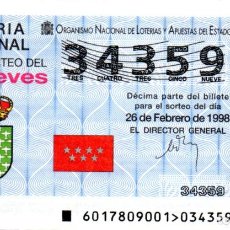 Lotería Nacional: LOTERÍA NACIONAL - SORTEO 17/98 - ESCUDO DE GETAFE (MADRID). Lote 201128628